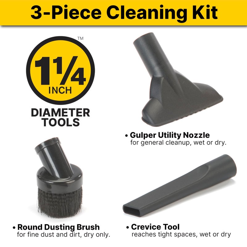 SHOPVAC Shop-Vac 9064300 1.25 Inch Diameter Cleaning Kit, Includes Round Brush, Crevice Tool, and Gulper Nozzle, Black, Ideal for Upholstery, Blinds, and Car Interiors (1-Pack) - Image 2